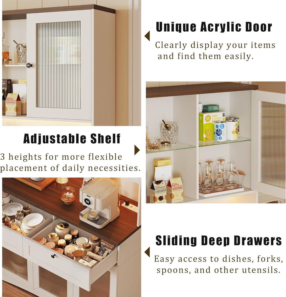 HUAHUU 71" Kitchen Pantry Cabinet with Lights & Acrylic Doors, Pantr...