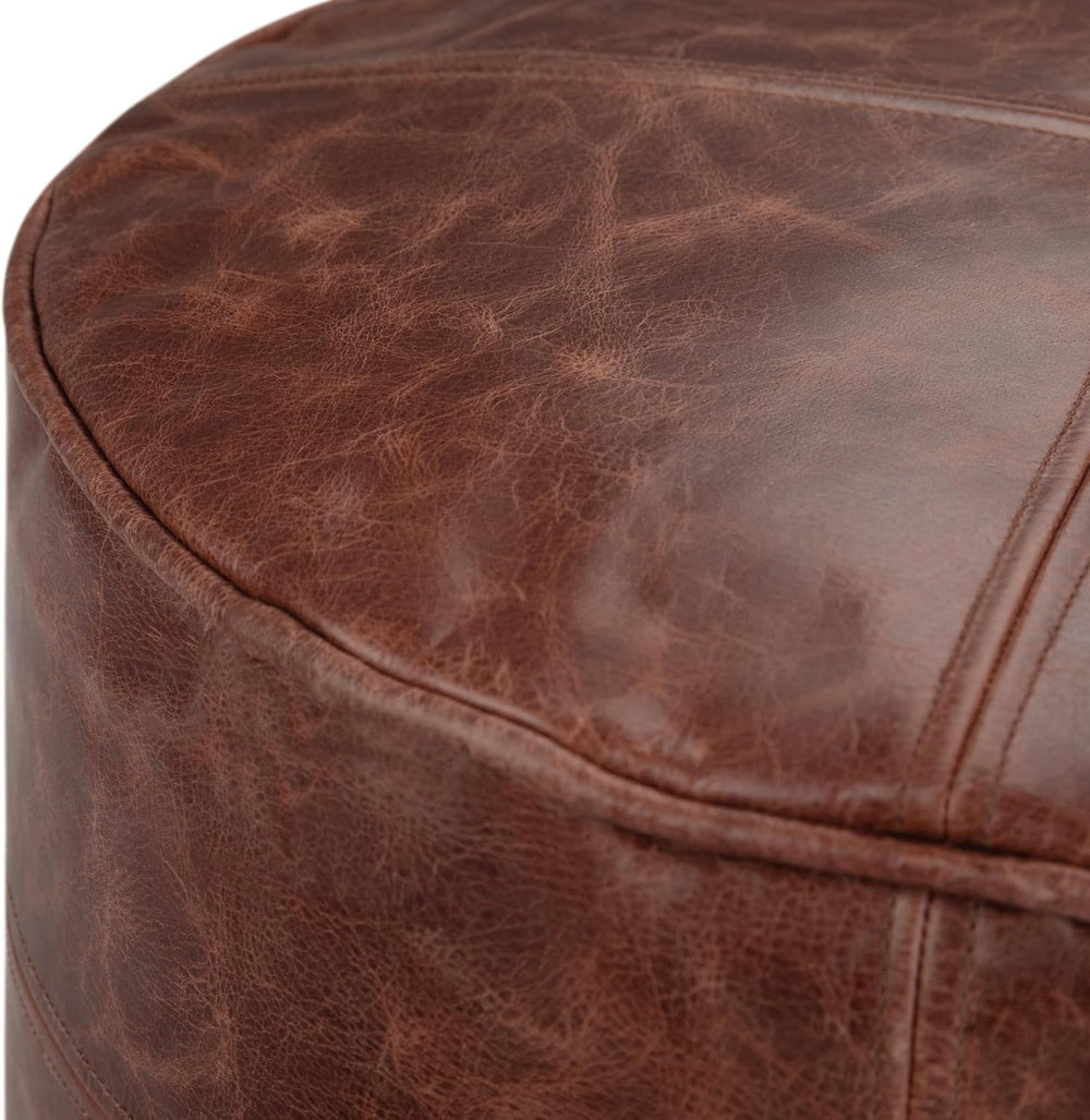 SIMPLIHOME Connor 18" Wide Round Pouf in Distressed Brown Genuine Leathe...
