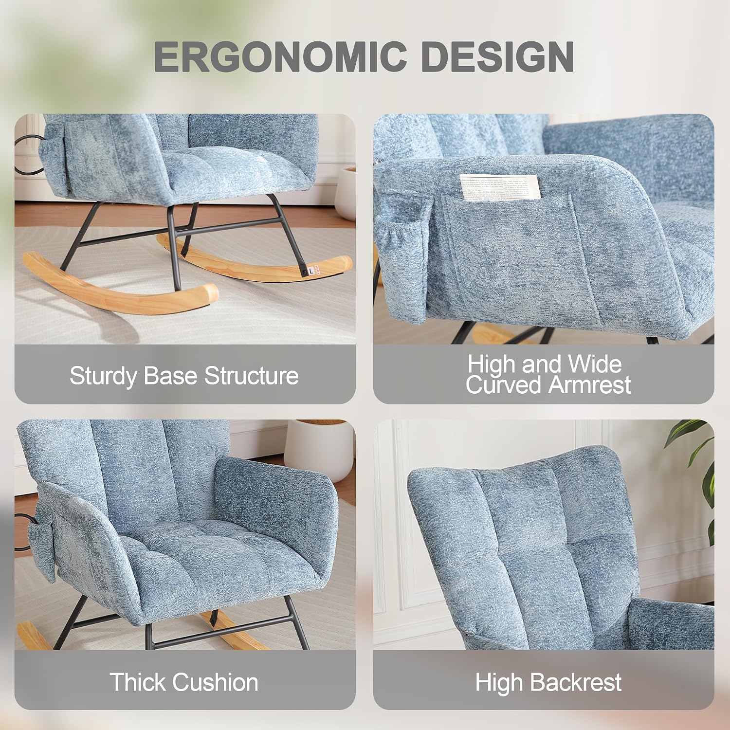Rocking Chair Nursery, Comfy Modern Nursery Rocking Reading Chair Indoor, Cozy Upholstered Glider Rocker Chairs for Living Room Bedroom Offices, Sillas Mecedoras(Chenille, Blue)