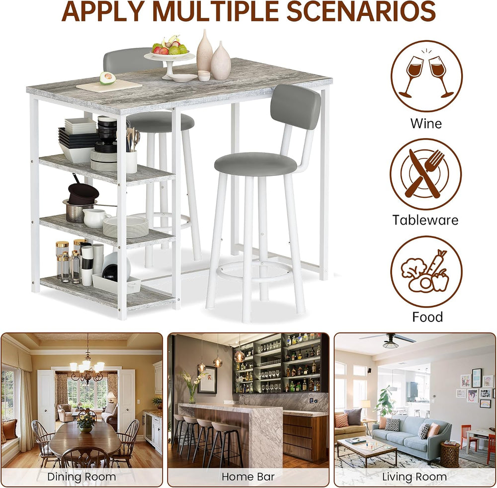 Recaceik Pub Dining Table Set for 2, Table and Bar Stools with 3 Storage Shel...