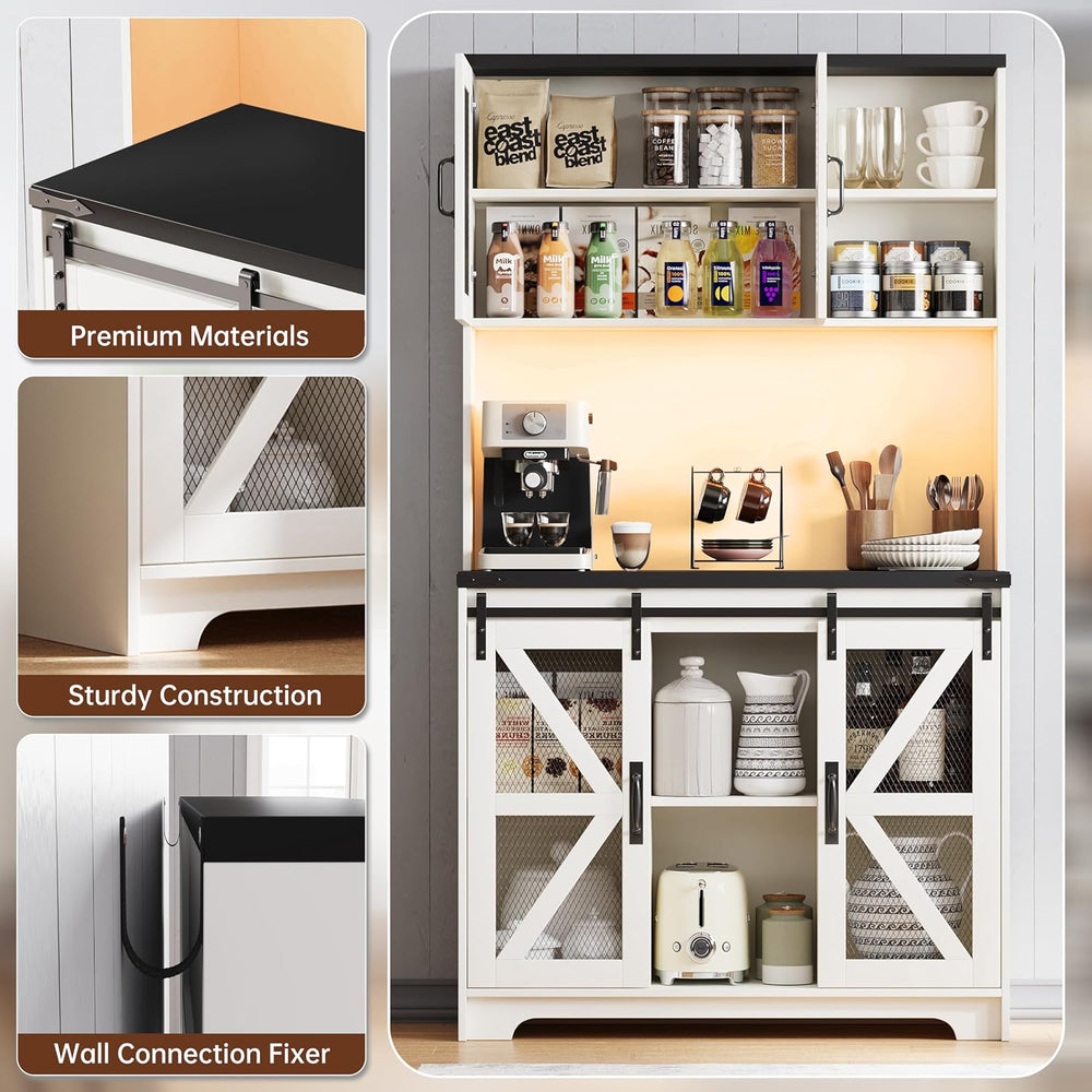 71" Tall Farmhouse Pantry Storage Cabinet With LED Lights and Charging S...