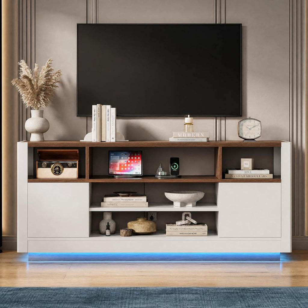 LIKIMIO Modern TV Stand for 70" TV, with Charging Station & LED Light