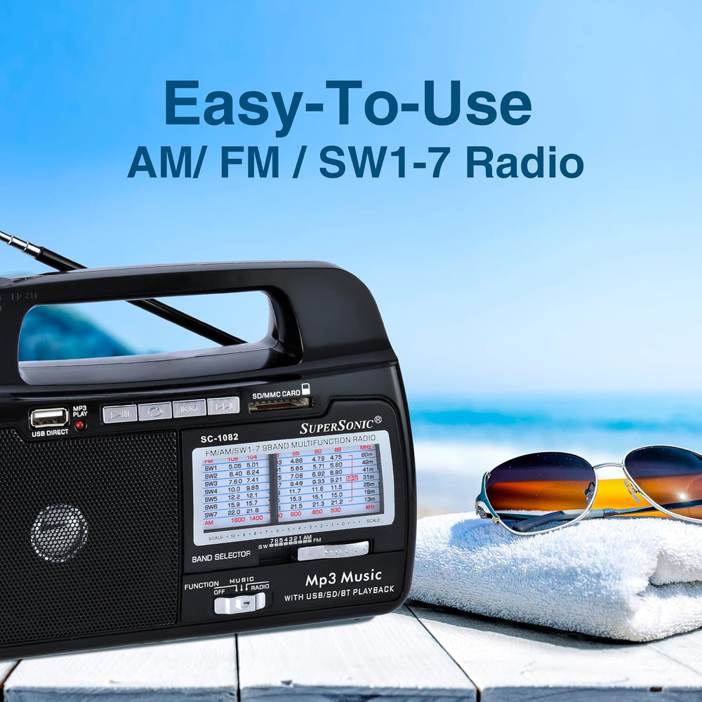 Supersonic SC-1082 9 Band AM/FM/SW 1-7 Portable Radio, High Sensitivity Recei...