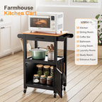 VINGLI Rolling Kitchen Cart with Microwave Stand, Storage Cabinet & Drawer, Small Coffee Cart with Side Hooks & Towel Rods, Compact Kitchen Island on Swivel Wheels, Black