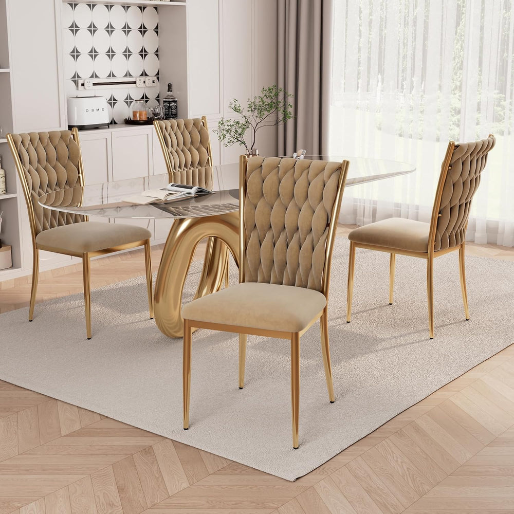 Modern Brown Velvet Dining Chairs Set of 4 with Woven High Back | Upholstered...