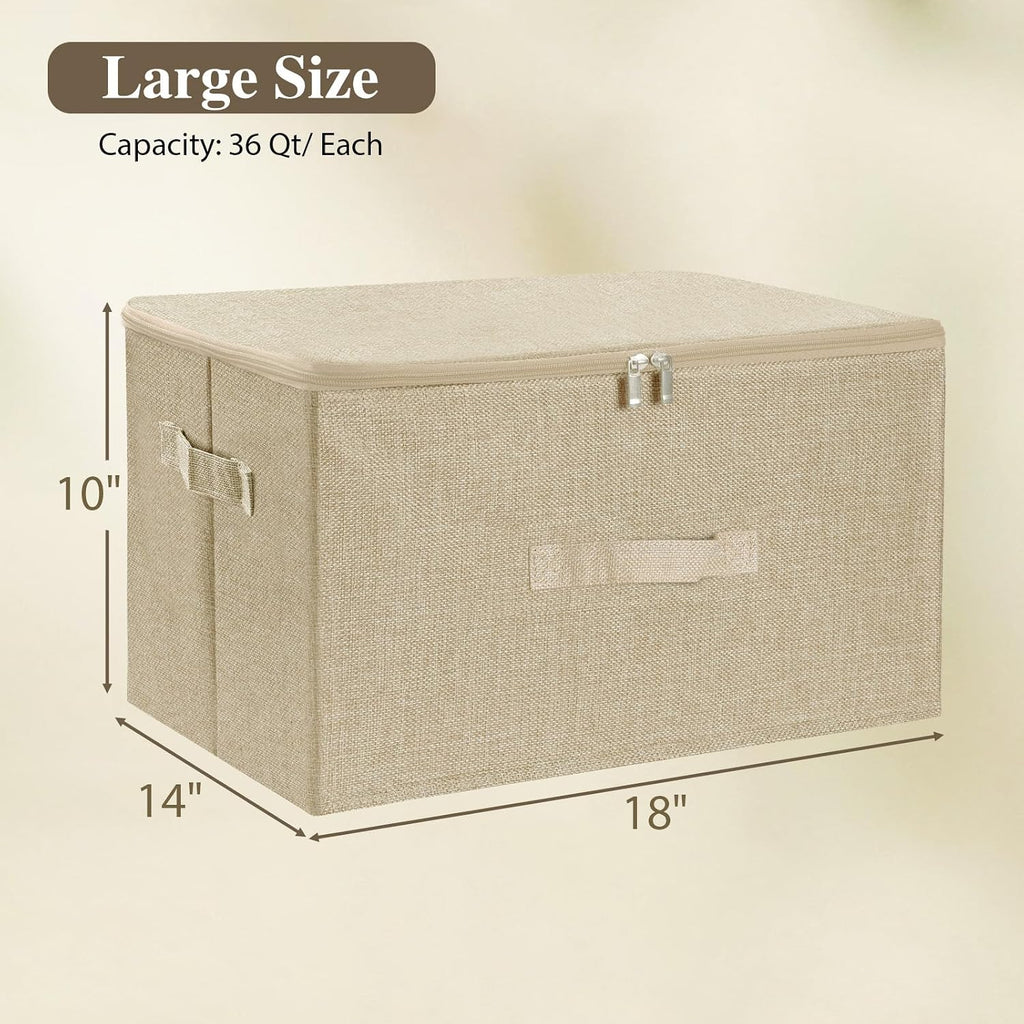 ANMINY Fabric Storage Bins with Zipper Lids, 18"x14"x10", Beige, 2 PCS | 43.6Qt Cotton Linen Storage Box, PP Board Frame, Washable Collapsible, with Handles & 3-side Open Lid, Stackable, Large