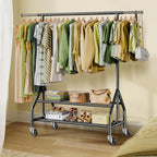 Clothes Rack with 2 Shelves, Heavy Duty Garment Rack Load 450 LBS, Standing Rolling Metal Hanging Clothes with Sturdy Wheels & Shelves
