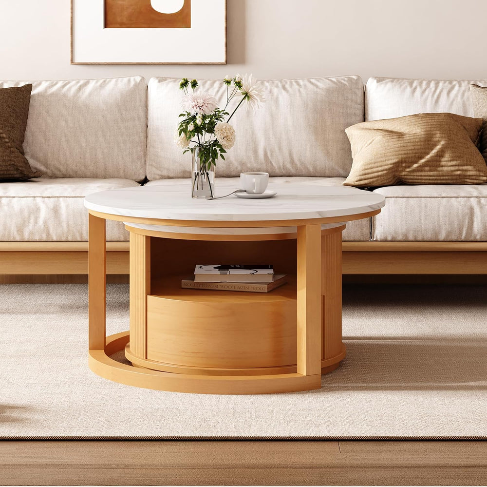 49'' Round Nesting Coffee Table with Drawer, Modern 2-Tier Wood Coffe...