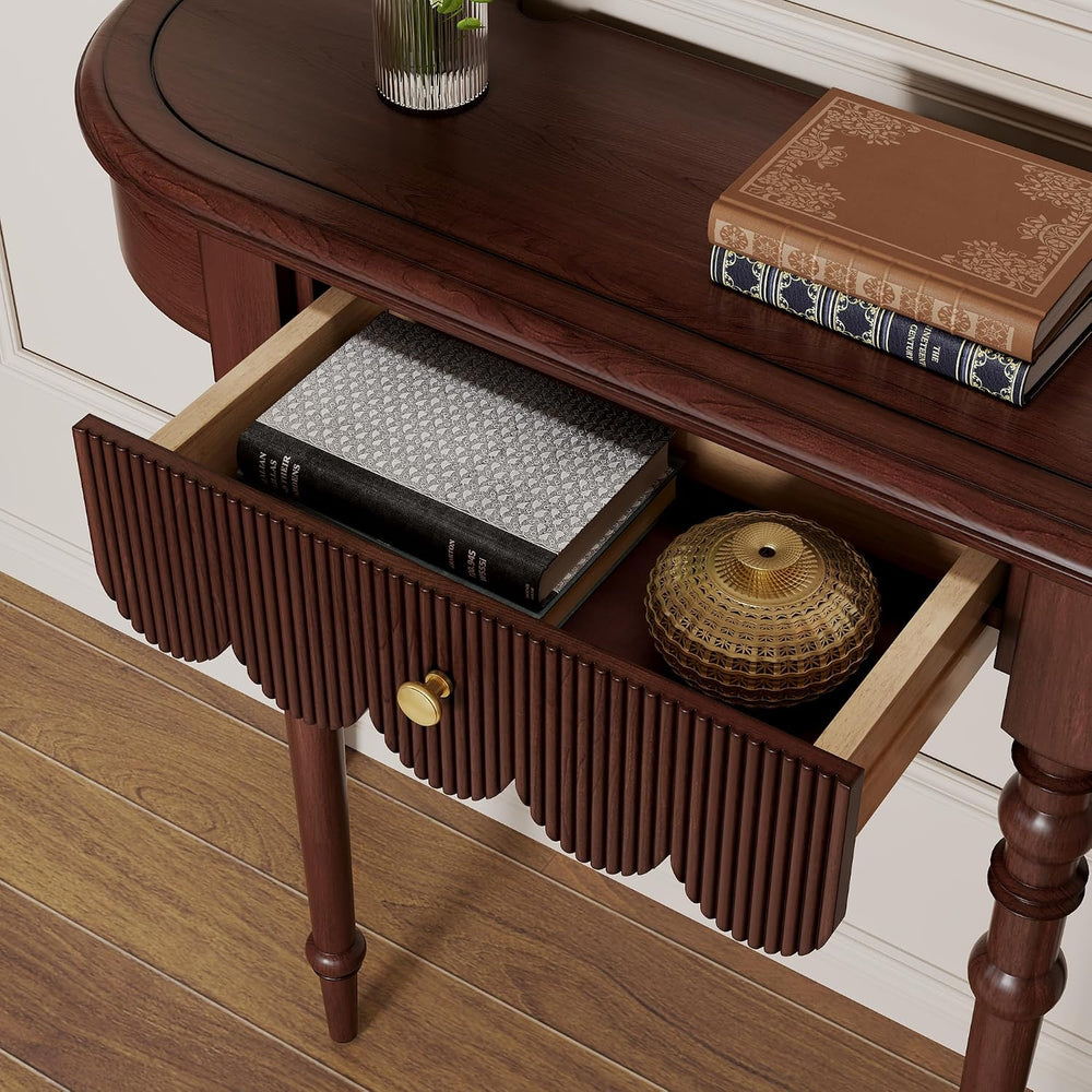 Solid Wood Console Table with Drawer – Dark Walnut Entryway Table with Scallo...