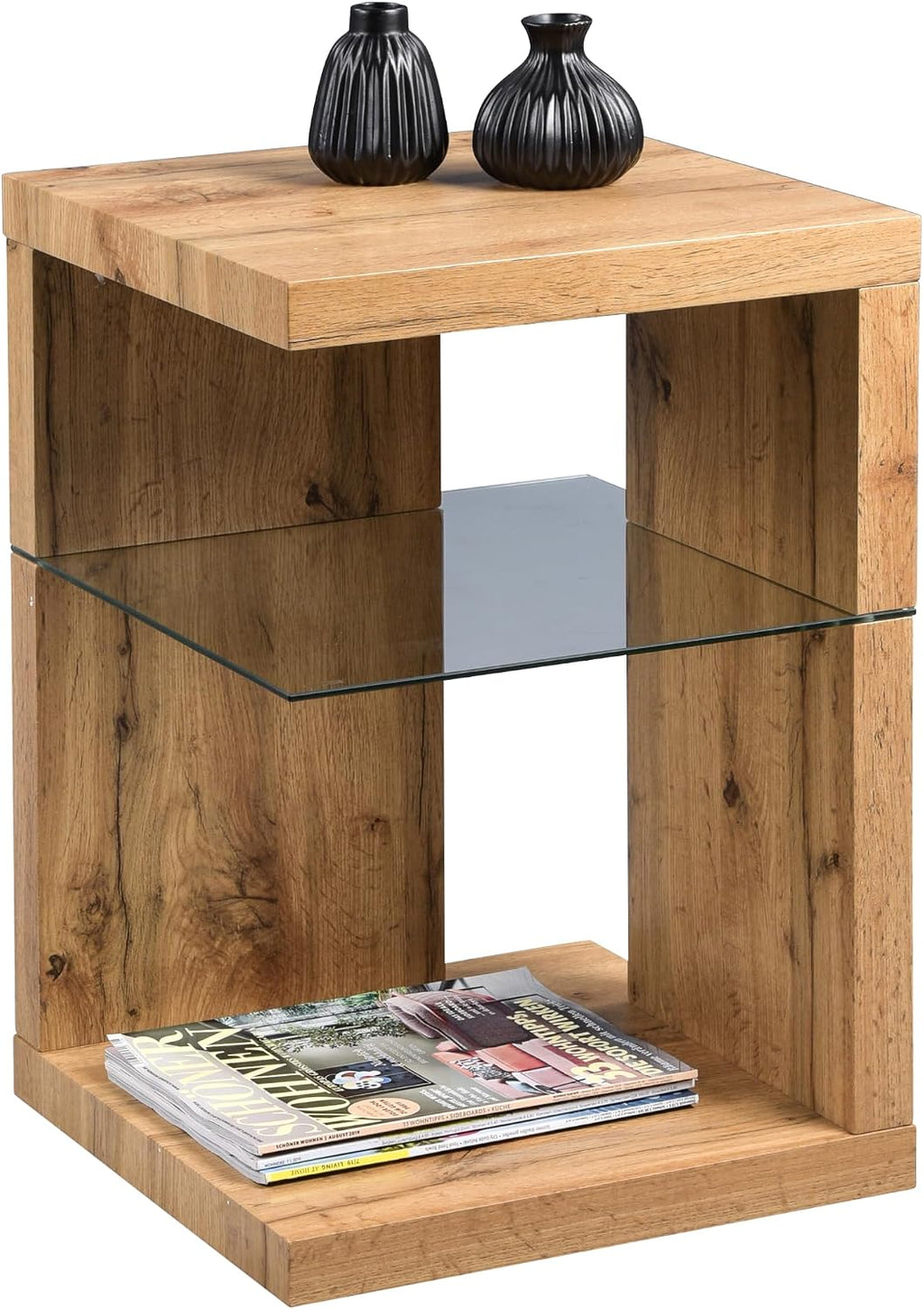 Domingo Side Table/Bedside Table MDF Safety Glass Wild Oak 40 x 40 x 60 cm