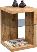 Domingo Side Table/Bedside Table MDF Safety Glass Wild Oak 40 x 40 x 60 cm