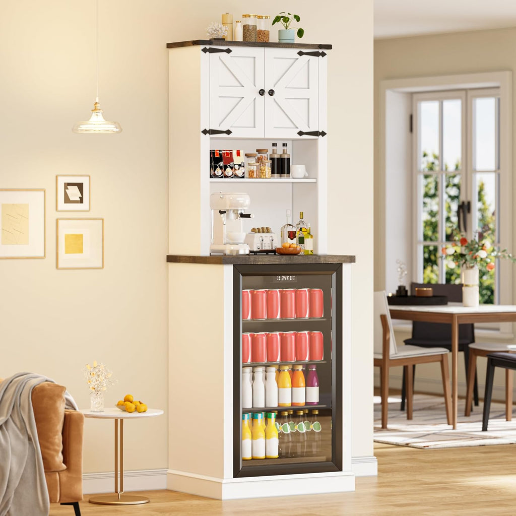 73'' Tall Mini Fridge Cabinet with Storage Hutch, Farmhouse Coffee Bar with Mini Fridge Space, Wine Bar Cabinet for Kitchen, Dining Room, Living Room