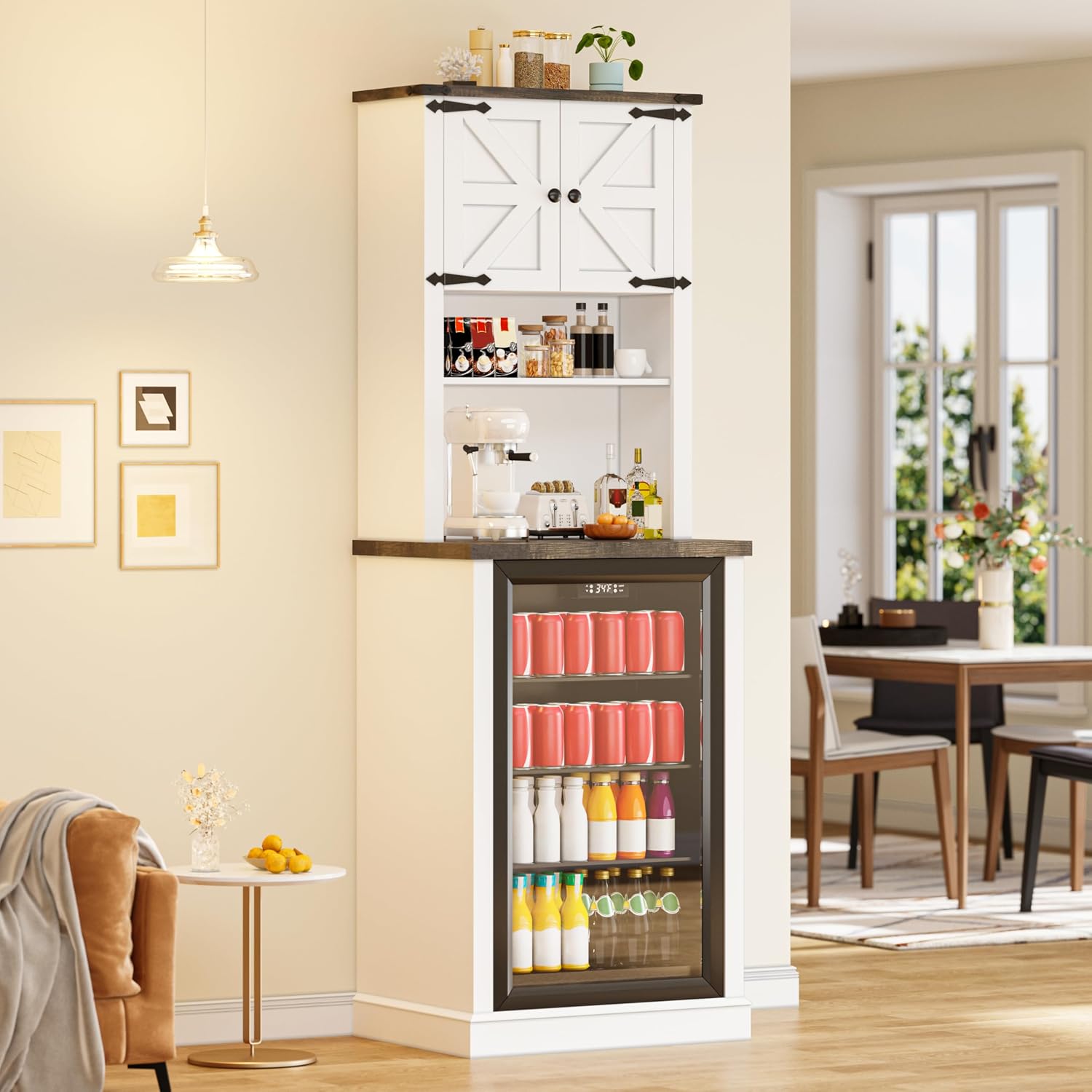 73'' Tall Mini Fridge Cabinet with Storage Hutch, Farmhouse Coffee Bar with Mini Fridge Space, Wine Bar Cabinet for Kitchen, Dining Room, Living Room