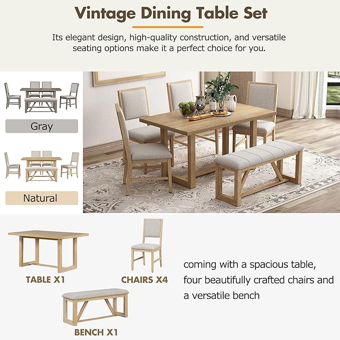 Merax Farmhouse Wood 6-Piece Dining Set, 59.6 inch Rectangular Table, 4 Uphol...
