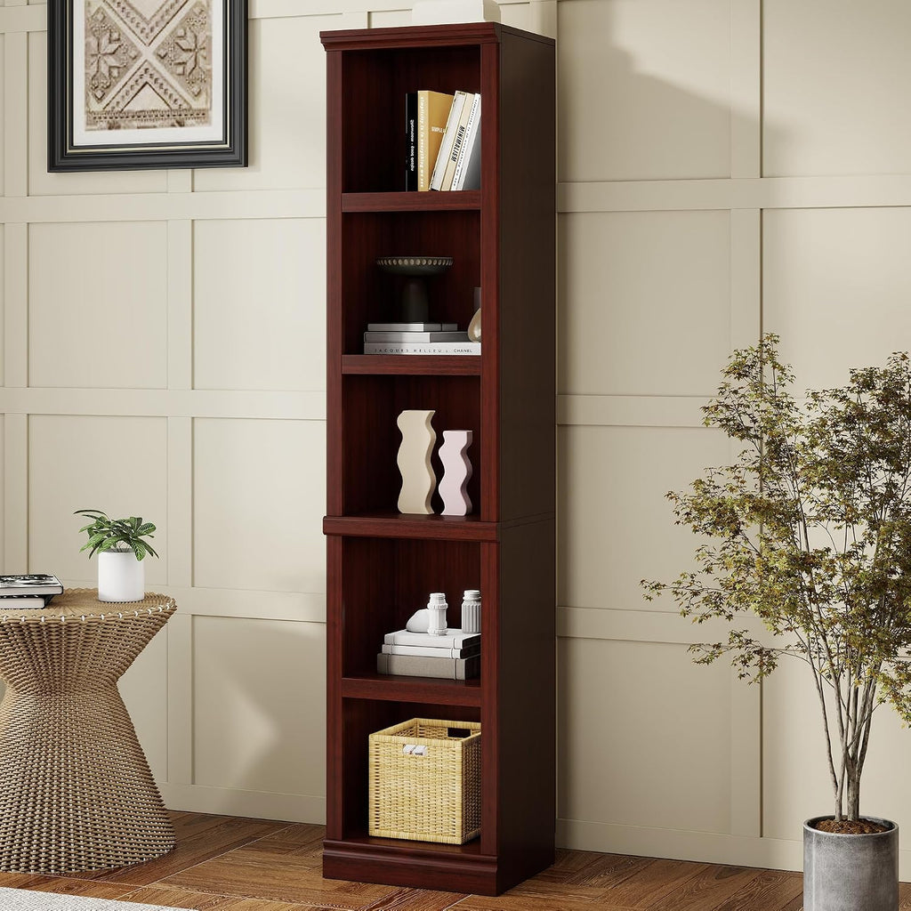 70" Tall Mahogany Bookcase, 5 Tiers Narrow Bookshelf for Living Room | 15" Wide Book shelf, Book Case for Hallway Kitchen Home Office Bathroom, Open Storage Organizer with Adjustable Shelf