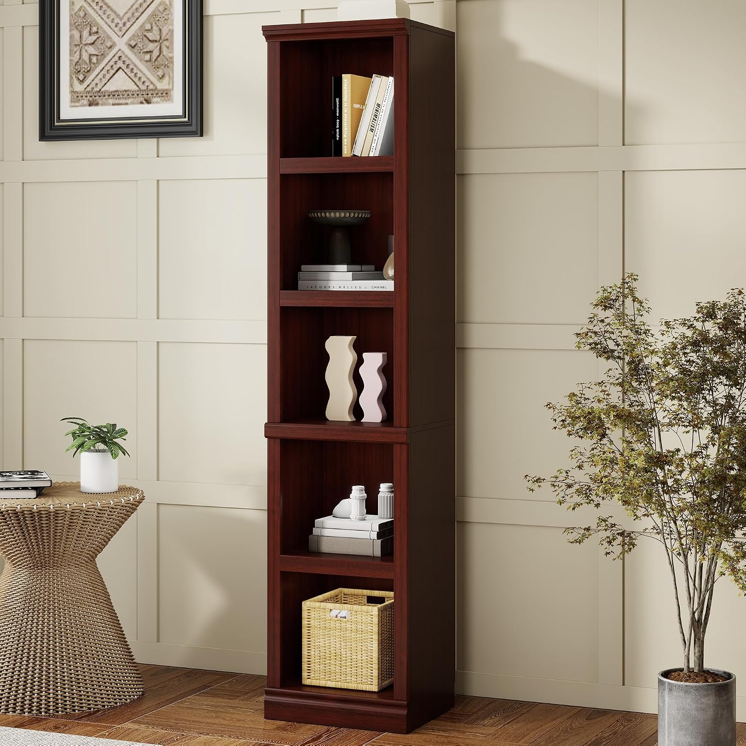 70" Tall Mahogany Bookcase, 5 Tiers Narrow Bookshelf for Living Room | 15" Wide Book shelf, Book Case for Hallway Kitchen Home Office Bathroom, Open Storage Organizer with Adjustable Shelf