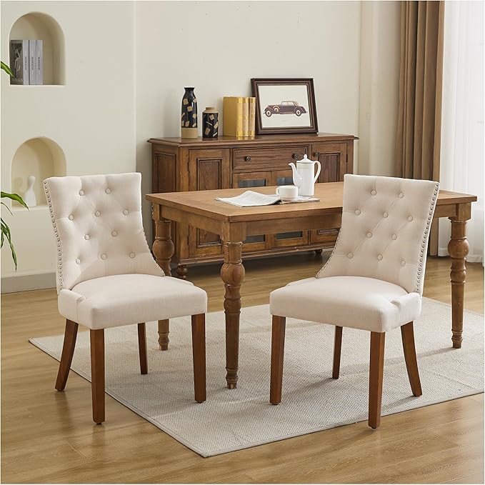 Upholstered Tufted Dining Chairs Set of 2, Fabric Side Dining Room Chairs with Nailhead Back Ring Pull Trim Solid Wood Legs, Beige