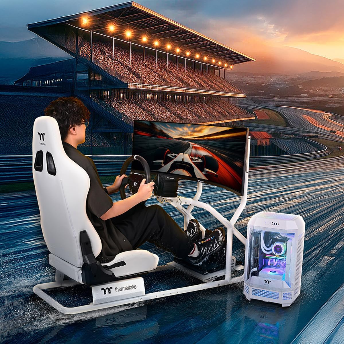 Thermaltake GR300 Racing Simulator Cockpit; Adjustable PVC Seat; Adjustable Pedal & Wheel Mounts; Shifter Mount Included; Compatible with Thrustmaster/Logitech Fanatec; GSC-R30-CPASWH-01