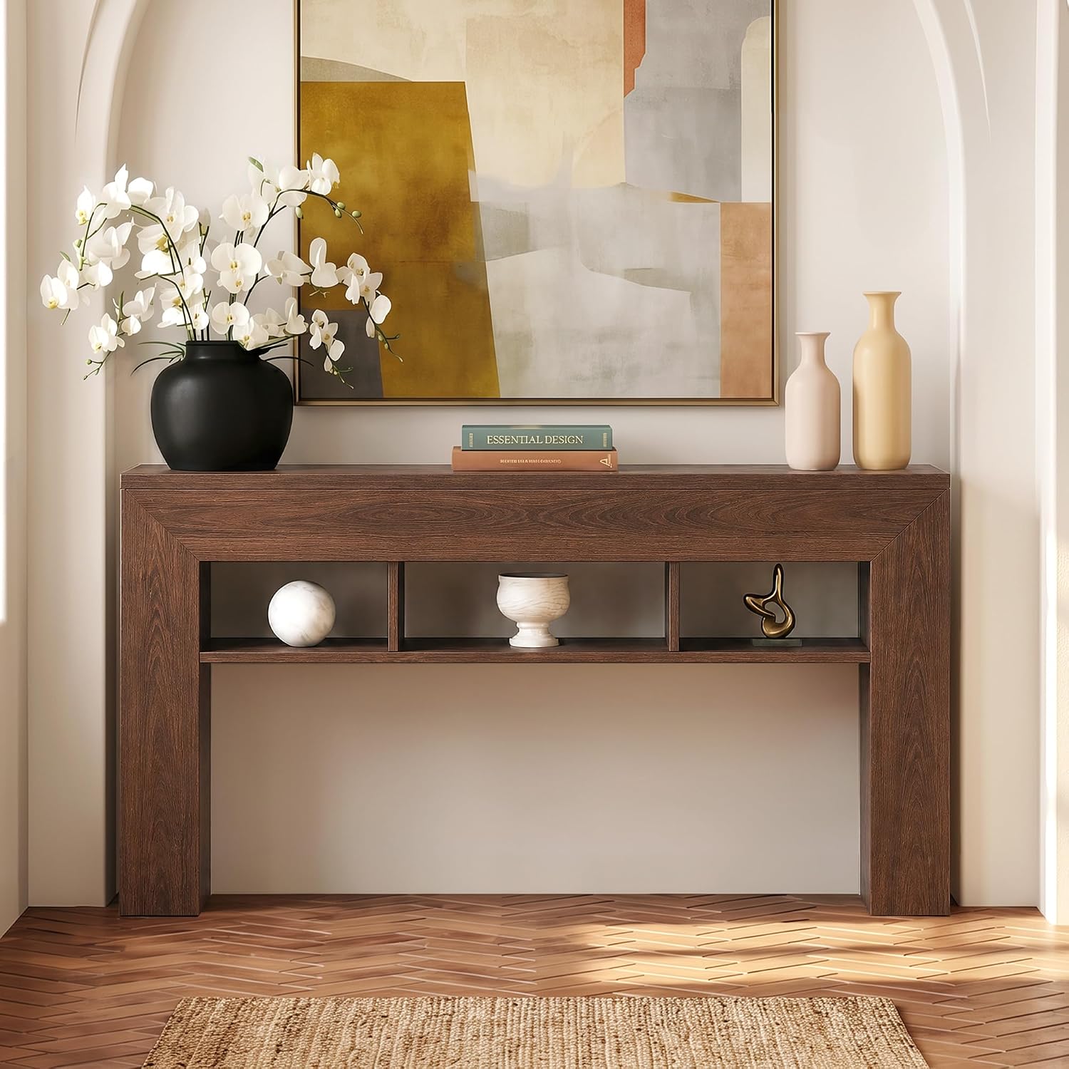 EnHomee 63" Console Table with 3 Shelves Behind Sofa, Dark Brown | Renters & Homeowners, Wood, Holds 220 Lbs, Anti-tip Kit & Non-Slip Pads