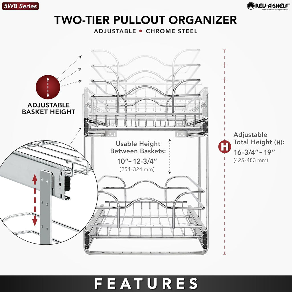 Rev-A-Shelf 2-Tier Kitchen Cabinet Pullout Shelf and Drawer Organizer Slide Out Pantry Storage Basket in Multiple Sizes, 12 x 22 In, 5WB2-1222CR-1