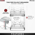 Rev-A-Shelf 2-Tier Kitchen Cabinet Pullout Shelf and Drawer Organizer Slide Out Pantry Storage Basket in Multiple Sizes, 12 x 22 In, 5WB2-1222CR-1