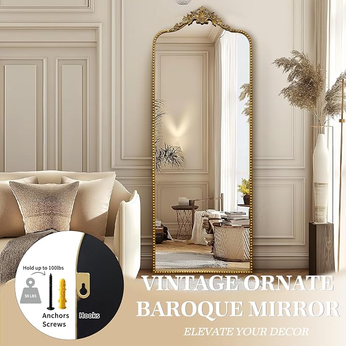 G-LEAF Vintage Baroque Full Length Floor Mirror 75"X30", Victorian Antique Mirror with Brush Gold Ornate Metal Frame for Fireplace Entryway Living Room Hallway Bathroom