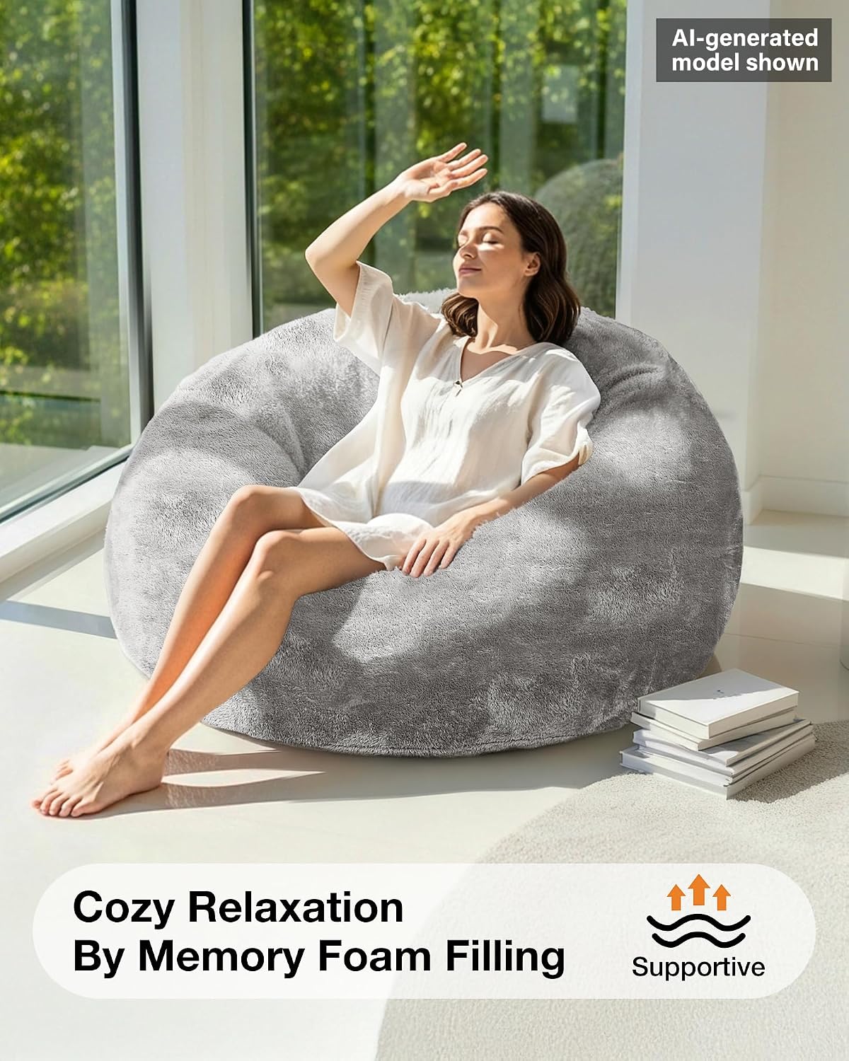 YEFU Bean Bag Chair for Adults: 4-in-1 Convertible Giant Bean Bag Bed, Overstuffed Memory Foam Floor Couch with Two Machine Washable Covers, Large Chair Bed for Living Room Bedroom, Full Grey