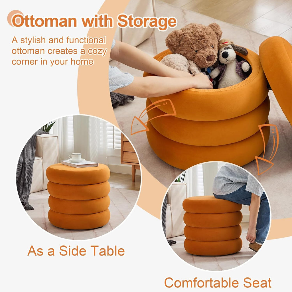 ONEVOG Round Storage Ottoman, 20" Small Ottomans Table with Removable Lid, Velvet Fabric Soft Footrest Stool for Couch, Upholstered Stuffed Circle Seat for Living Room/Bedroom/Dorm/Vanity, Orange
