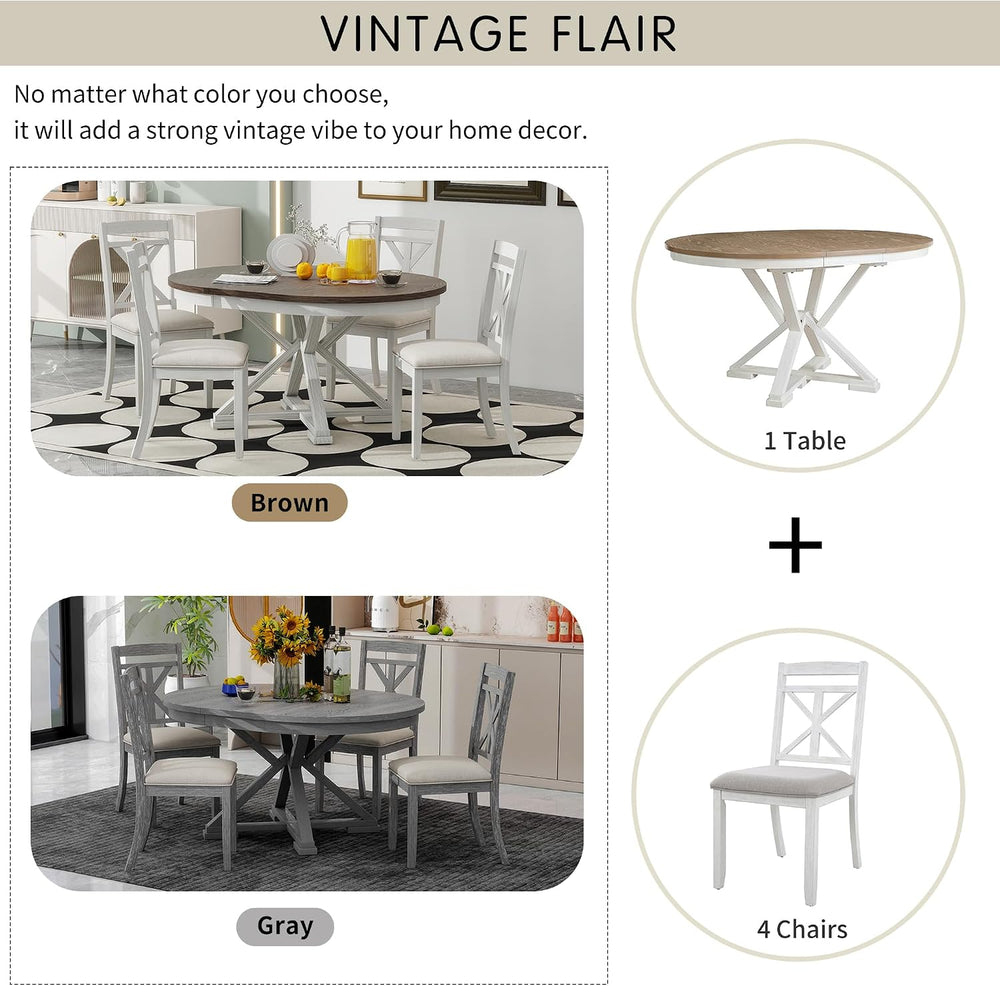 Merax Round Dining Table Set for 4, Farmhouse Kitchen Table Set with Extendab...