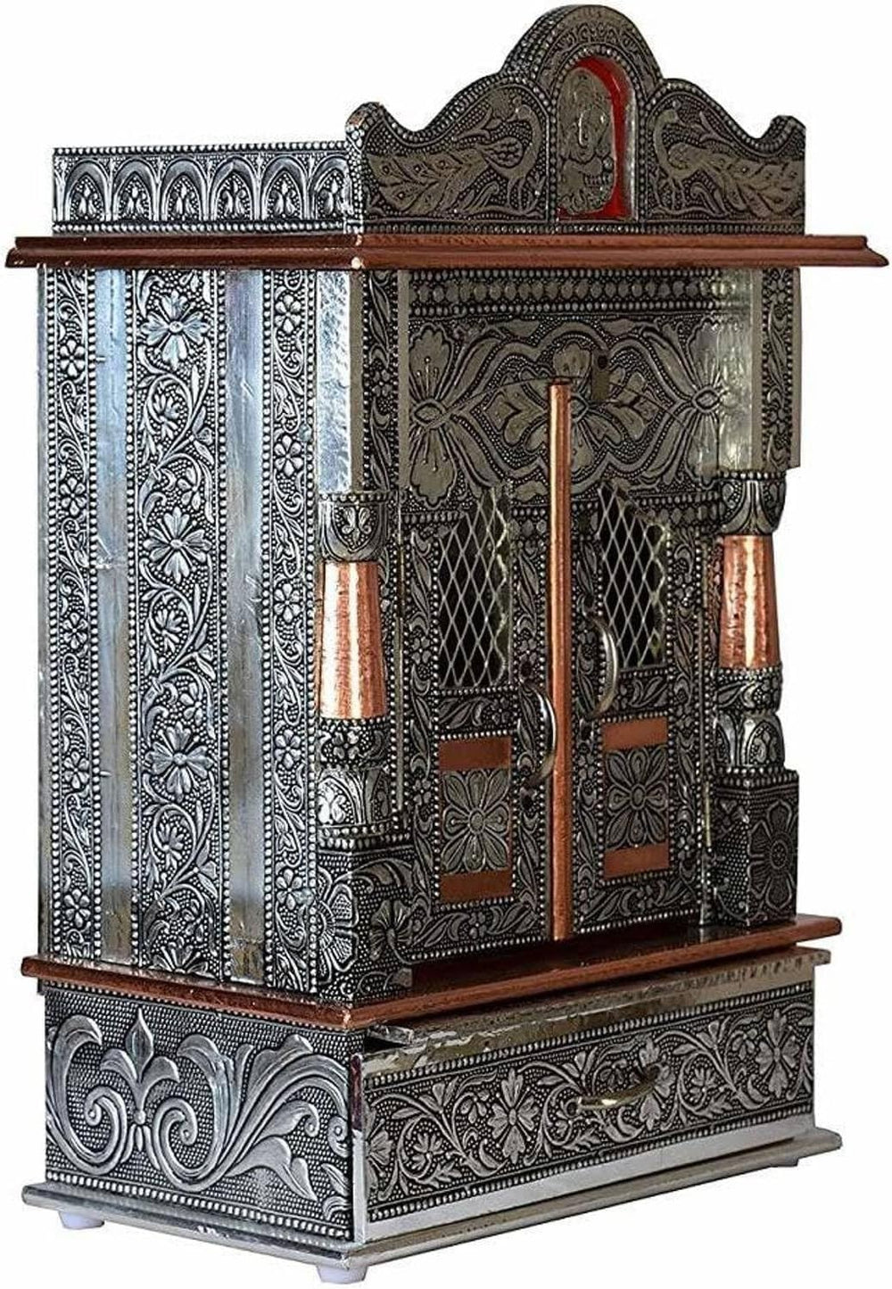 Oxidized Metal Pooja Mandir with Doors and Drawer, Silver, Ganesha Embossed, ...