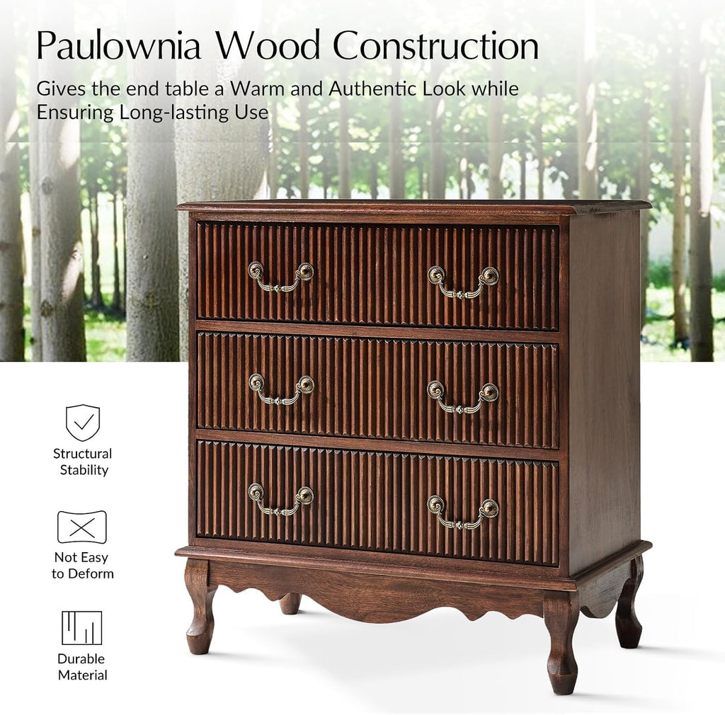 HULALA HOME Transitional Side Table Set of 2 with 3 Drawers and Charging Station, 28" Solid Paulownia Wood Sidetable with Vertical Stripe, Walnut