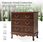 HULALA HOME Transitional Side Table Set of 2 with 3 Drawers and Charging Station, 28" Solid Paulownia Wood Sidetable with Vertical Stripe, Walnut