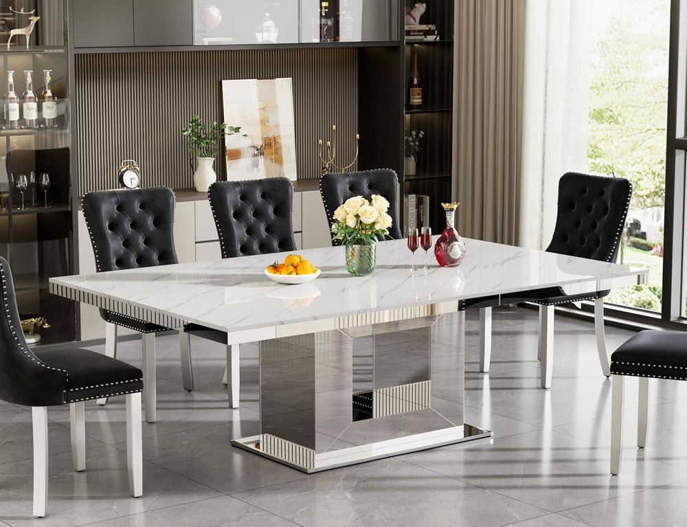 94 in Large Extendable Dining Table for 6 8 10, White Marble Pattern Top &amp...