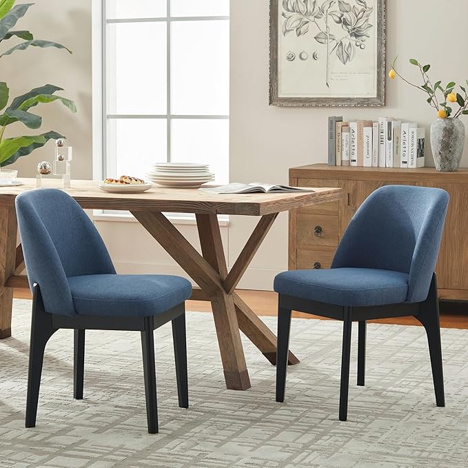 VKNOW Wooden Dining Chairs Set of 6, Upholstered Dining Room Chairs with Rubberwood Legs and Padded Seats, Kitchen Chairs for Restaurant Kitchen Living Room, Blue