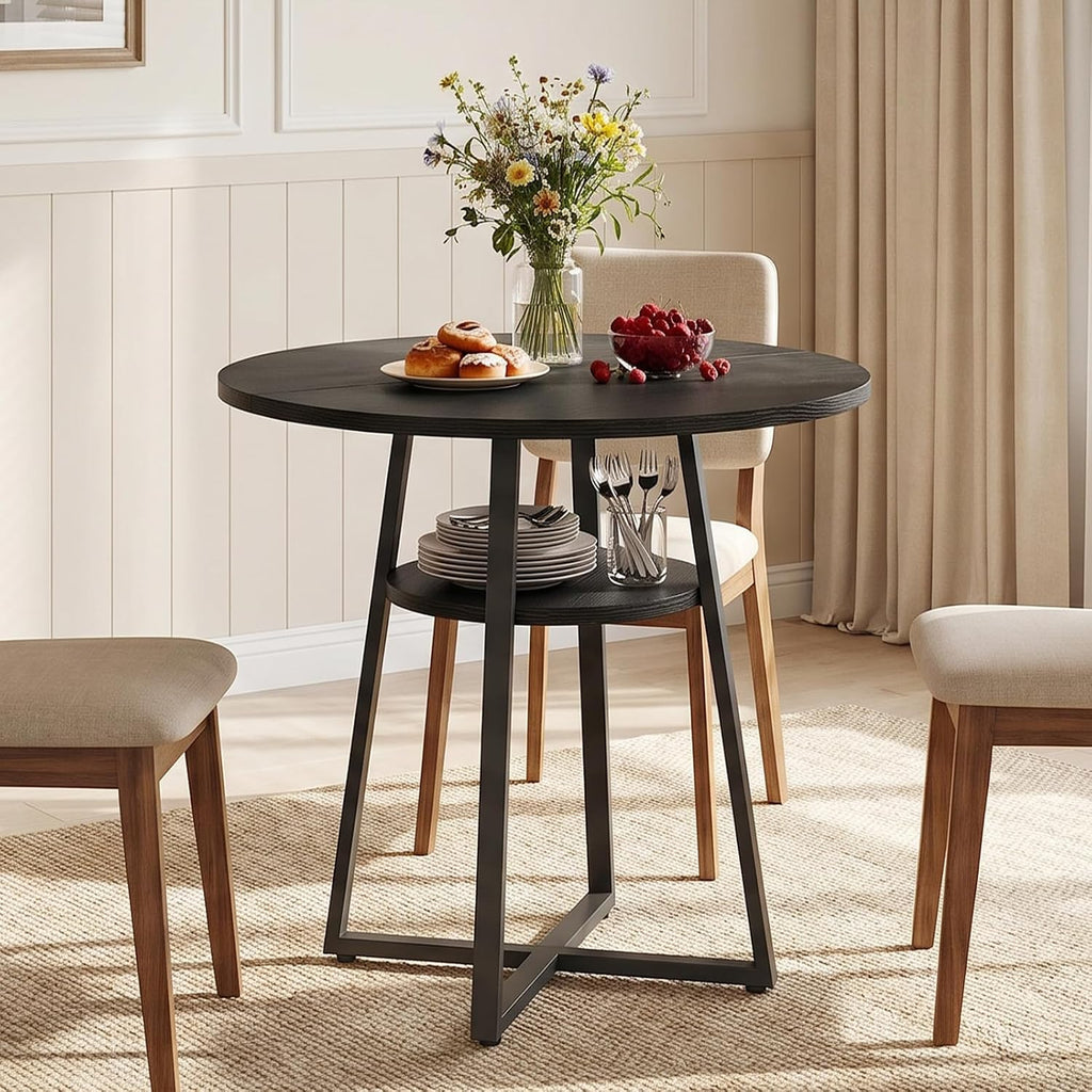 MAHANCRIS 31.5" Round Dining Table for 2-4, Farmhouse Kitchen Table with Storage Shelf, Small Circle Dining Table Space Saving, for Dining Room, Kitchen, Living Room, Black DTBK8201