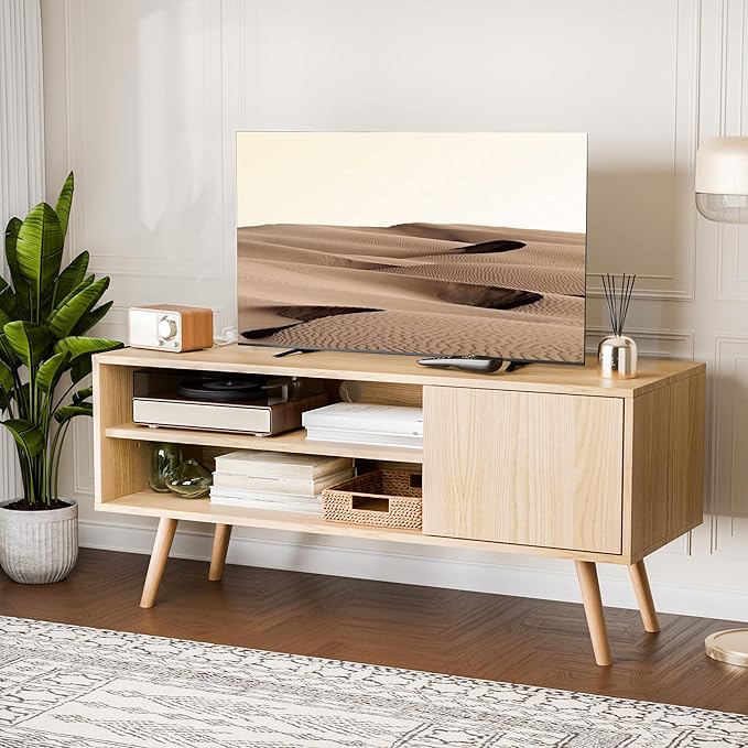 Cozy Castle TV Stand for 48 Inch TV, Mid Century Modern Entertainment Center with Storage Cabinet, TV Media Console with Charging Station for Living Room, Bedroom, Oak