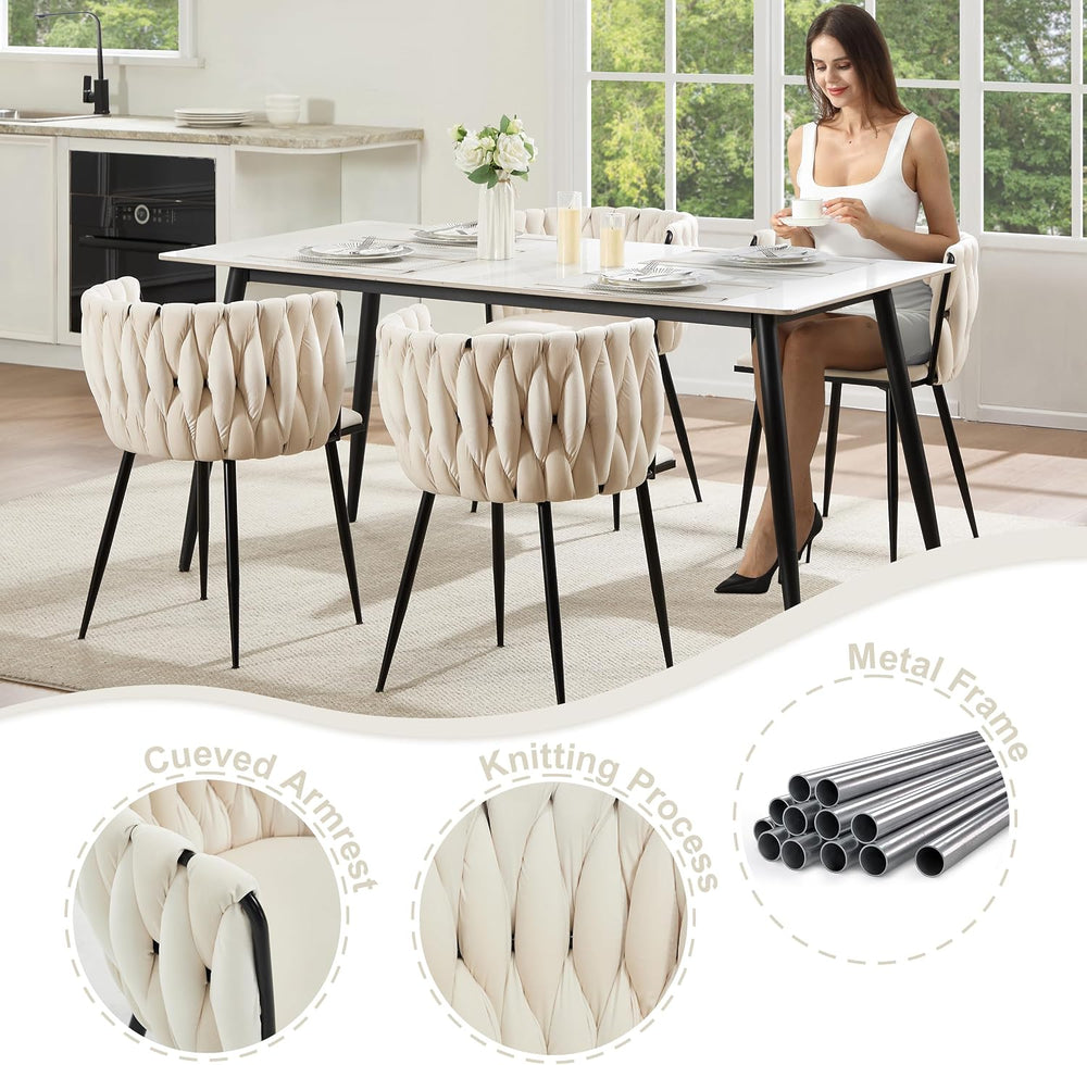 Velvet Dining Chairs Set of 4 with Black Metal Legs,White | Modern Accent Cha...