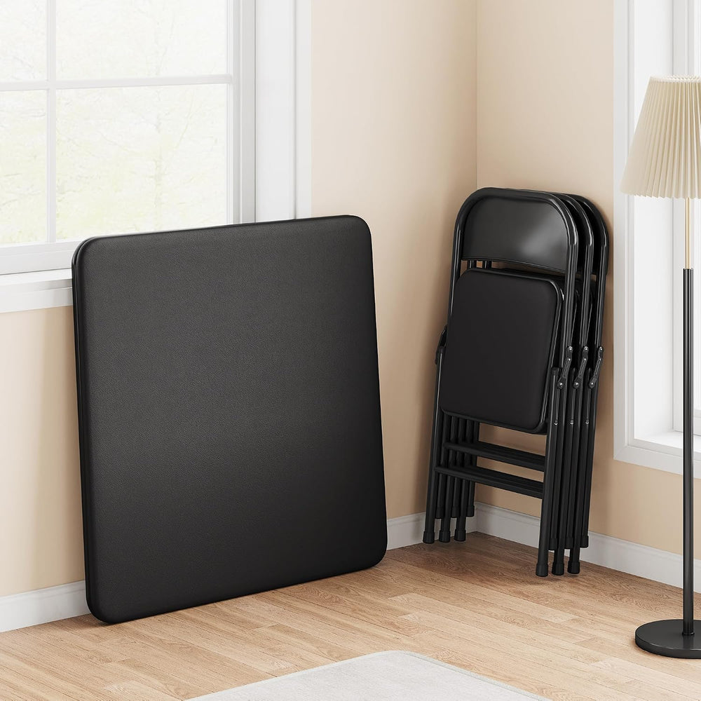 Folding Portable Card Table and Foldable Chair Set of 5, Pu Upholstered Folda...