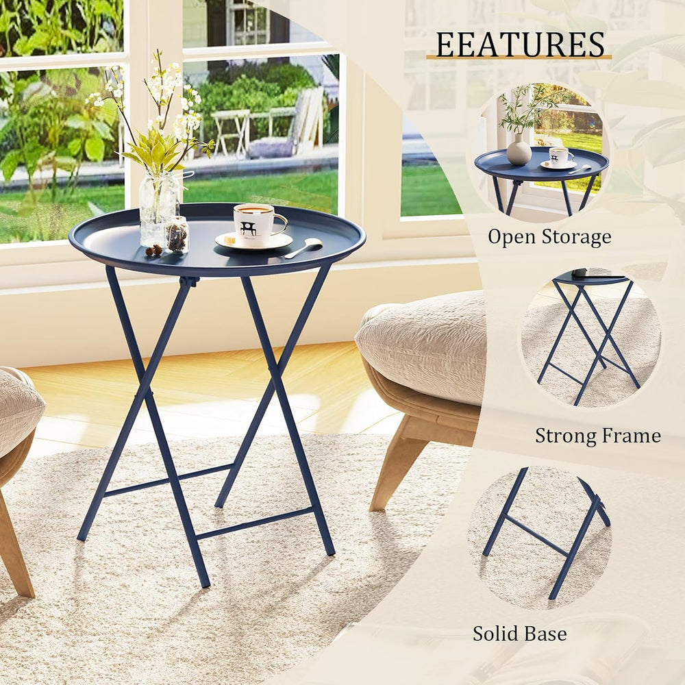 Garden 4 you Folding TV Tray Table, Metal Round Side Table, Blue Dinner Table...