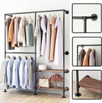 Industrial Pipe Clothes Racks with Black Shelves, Industrial Pipe Black Clothing Rack with Double Hanging Rods, Heavy Duty Wall Mounted Clothing Rack Rod for Closet Storage, Bedroom