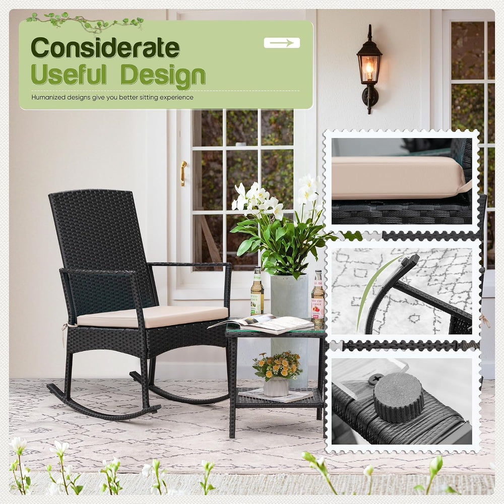 Flamaker Rocking Chair Outdoor PE Rattan Patio Chairs with Glass Table High B...