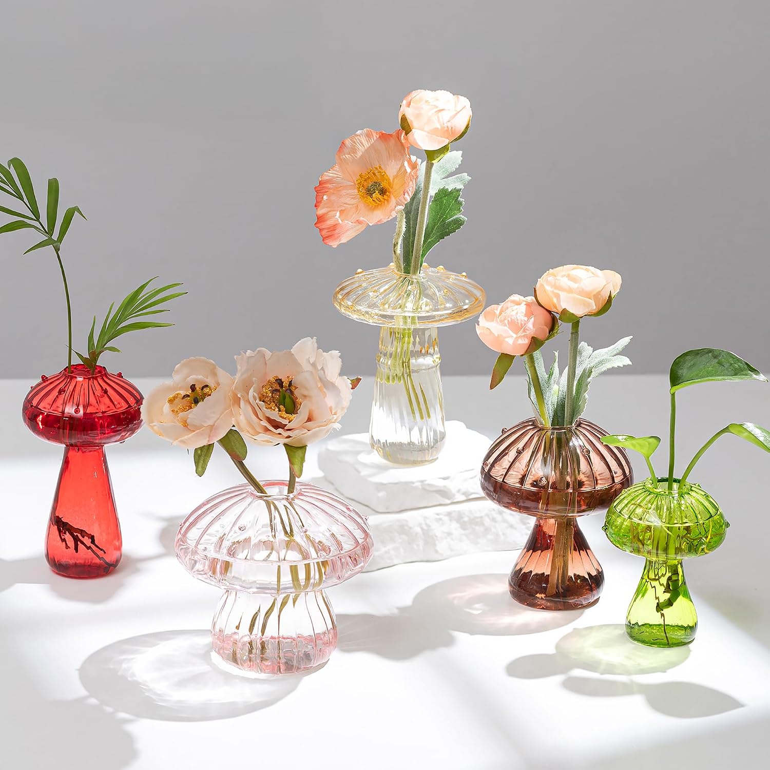 Hewory Glass Mushroom Vase for Flowers, 5pcs Colored Small Bud Flower Vases Unique, Mushroom Propagation Hydroponic Vases, Funky Cottagecore Decor for Home Room Kitchen Office Windowsill Decorations | Propagation Vases, Mushroom Decor, Gifts for Plant
