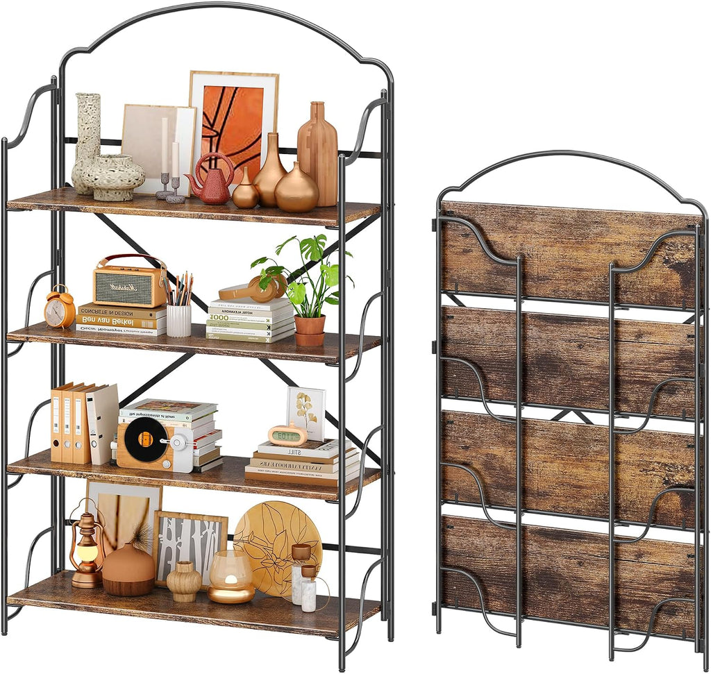 4NM No Assembly Folding Bookshelf for Living Room, 4 Tiers Collapsible Book Shelves Open Industrial Foldable Bookcase Storage Shelf for Home Office - Rustic Brown Black