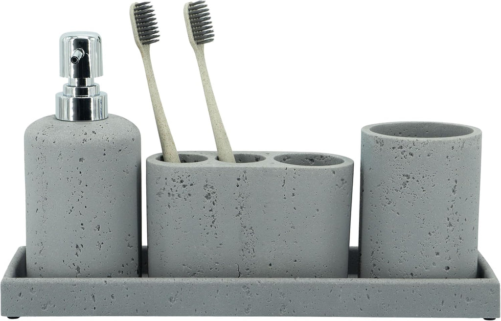 ZCCZ -Beige Bathroom Accessories Set 4 Pcs - Toothbrush Holder, Soap Dispenser, Vanity Tray, Bathroom Tumbler - Countertop Vanity Organizer - Bathroom Accessory Set- Toothbrush Holder Set, Stone Sets