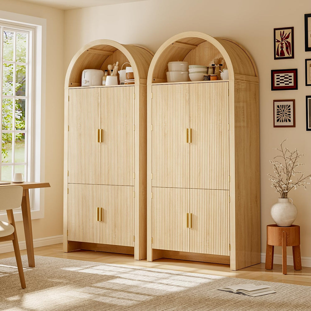 OFIKA 71" Arched Kitchen Pantry Cabinet, Fluted Wood Storage with 3 Shel...