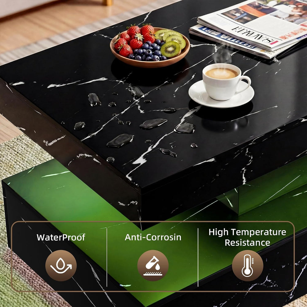 40" Modern Coffee Table with Storage Shelf, Faux Marble Fixed‑Top Center...
