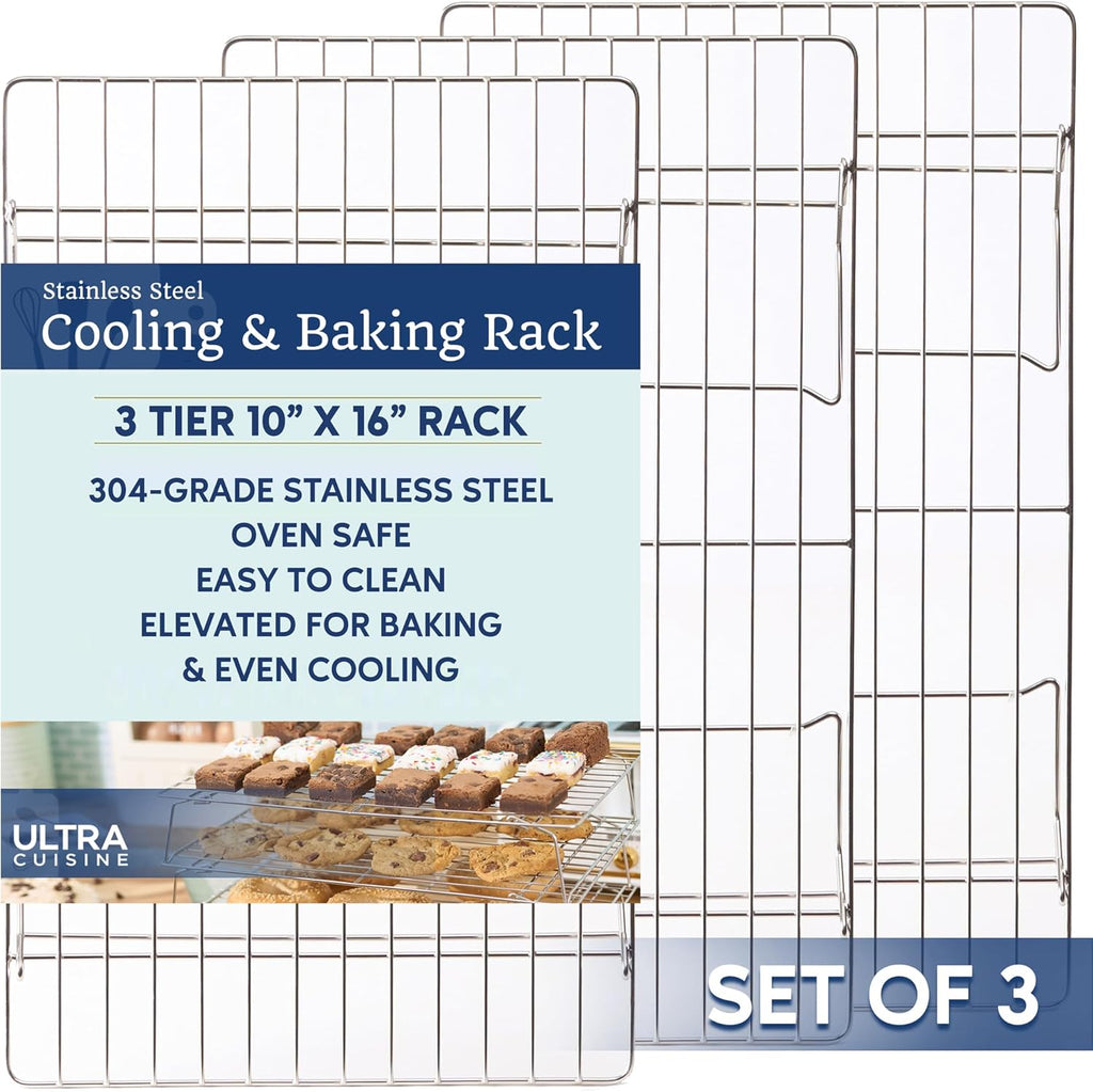 Ultra Cuisine Heavy Duty 3 Tiers, 16" x 10" Cooling Rack for Cooking and Baking - Professional Grade Premium 100% Stainless Steel Baking Rack & Wire Cooling Mesh - Dishwasher Safe - Pack 3