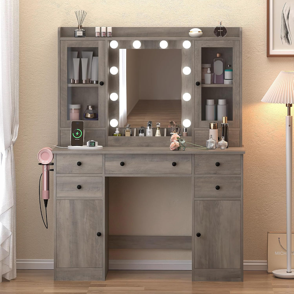 Wodeer Vanity Desk with Mirror and Lights, 43" Grey Makeup Vanity Set wi...