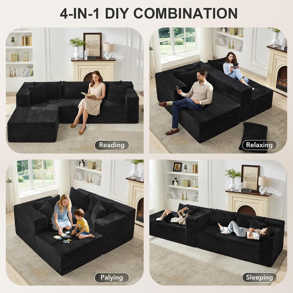 106" L Shaped Modular Cloud Sectional Sofa with Cushions, Black | 4-in-1...