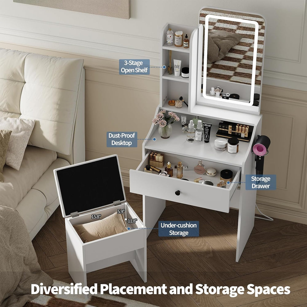 Makeup Vanity Desk with Mirror Lights & Charging, White | Includes Storag...